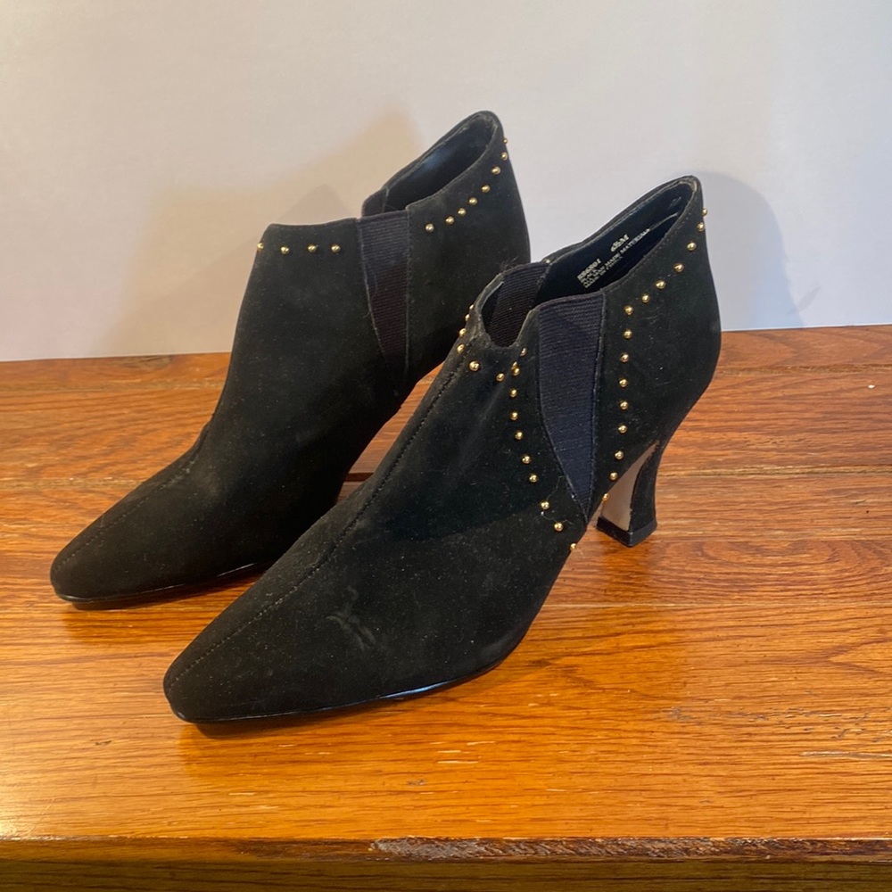 Vintage Black Suede Gold Studded Bootie by AMANDA